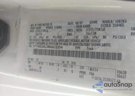 2008 Ford E-250 Commercial/Recreational z USA, uszkodzony, nr VIN 1FTNE24L38DA12204